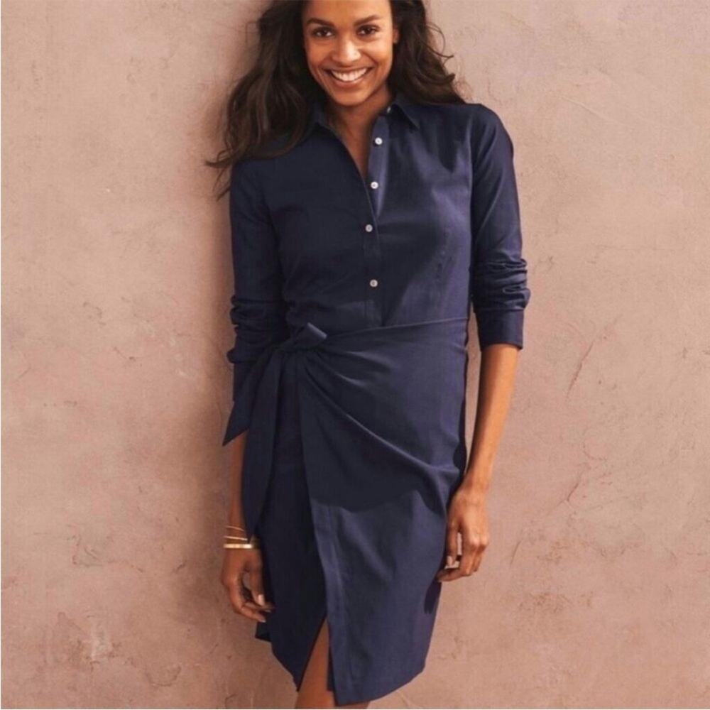 UNTUCKit Amelia Navy Blue Wrap Shirt Dress Wrinkle Resistant Travel Size 8